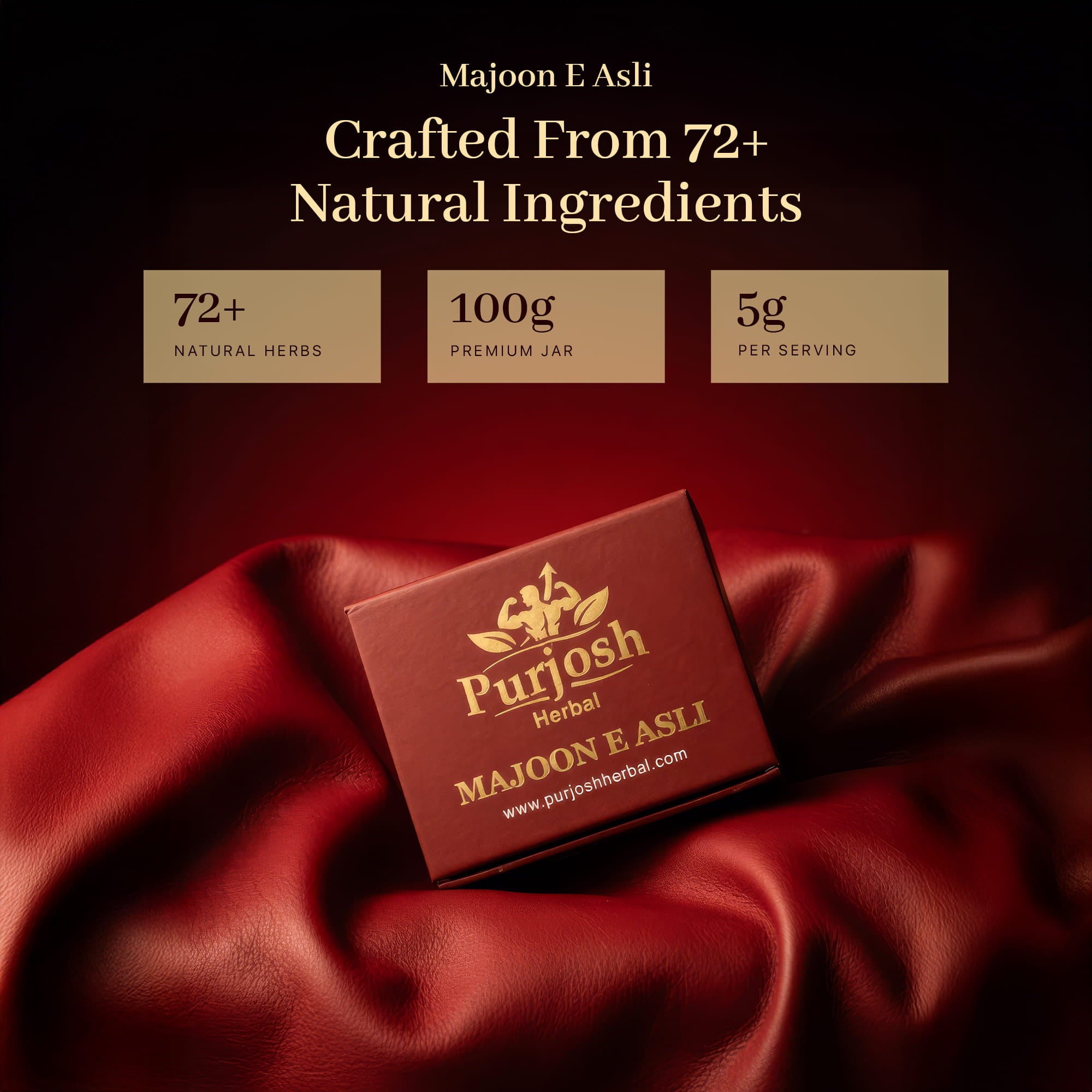 Purjosh Herbal Majoon E Asli packaging on red fabric with product details.