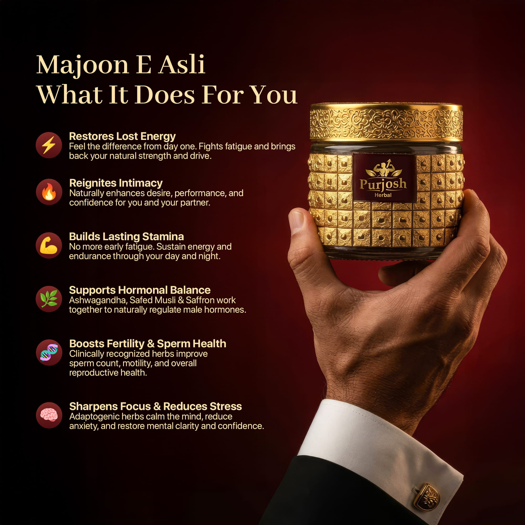 Hand holding a gold container labeled 'Majoon E Asli' with benefits listed on a red background.