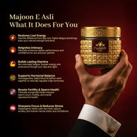Hand holding a gold container labeled 'Majoon E Asli' with benefits listed on a red background.